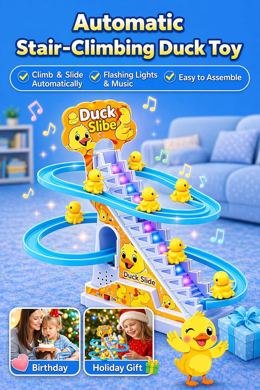 TEC TAVAKKAL Duck Slide Toy Set, Funny Automatic Stair-Climbing Ducklings Cartoon Race Track Set Duck Roller Coaster Escalator Toy with Flashing Lights & Music (Duck Slide Track Set)