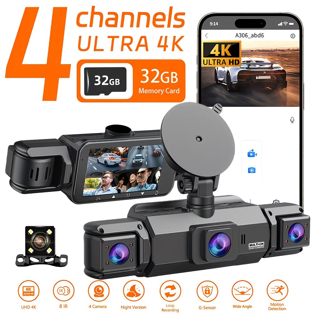 Car Dashboard Camera with 360° With Night Vision 4K Quad-channel
