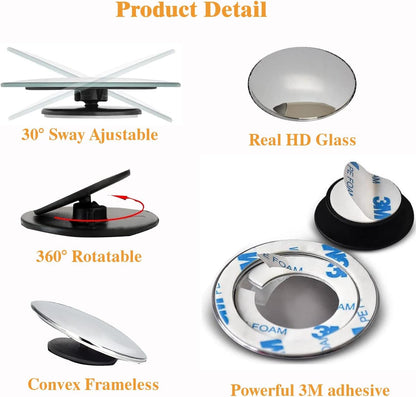 Blind Spot Mirrors For Cars - Waterproof 360°Rotatable HD Convex Rear View Mirror-Mirror Accessories- Universal (pack of 2)