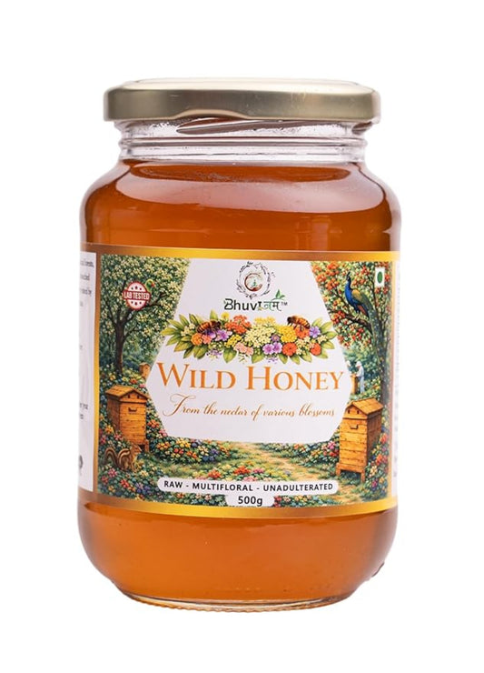 Bhuvinam Wild Honey 500gm | NMR tested | Unprocessed & Unpasteurized Honey | 100% Pure Raw & Natural Multiflora Honey | Forest Harvested | Strengthens Immunity | 0% Added Sugar No Preservatives