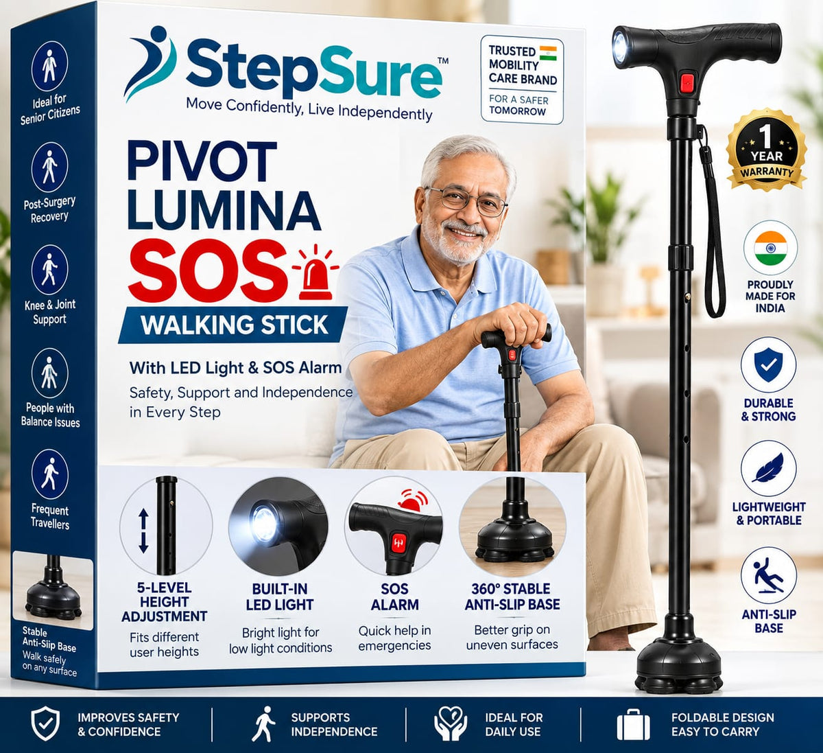 Folding Walking Stick with LED Light and Alarm.(BUY 1 GET ONE FREE)