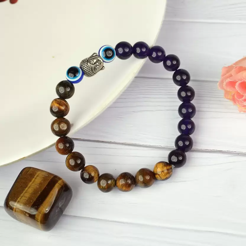 Nazar Suraksha Bracelet| Lab Certified | – Tiger Eye, Amethyst & Evil Eye (Daily Wear, Unisex)