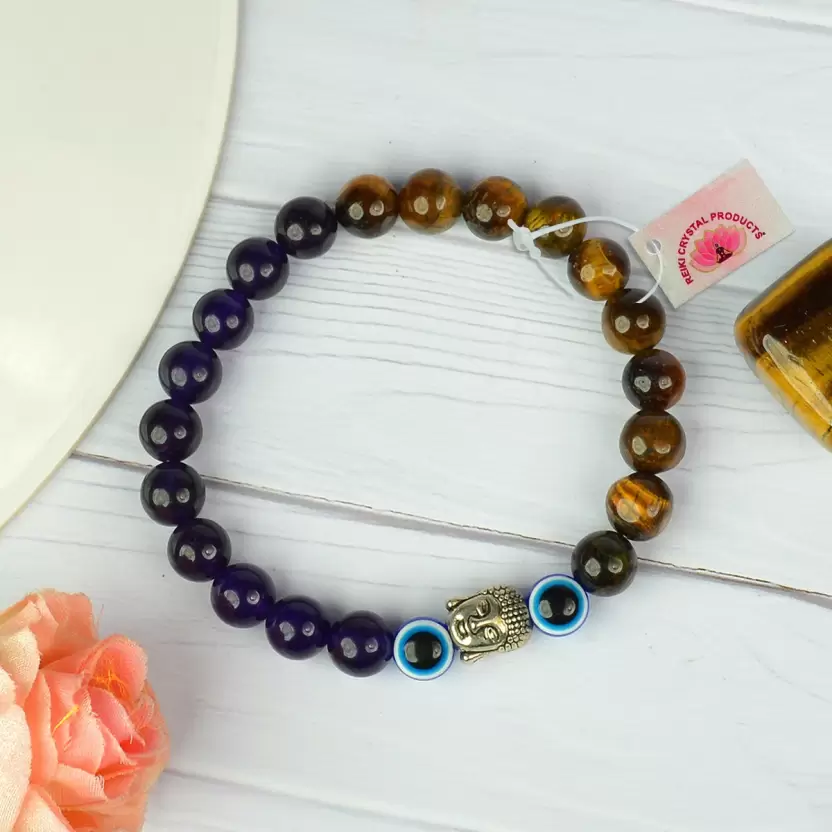 Nazar Suraksha Bracelet| Lab Certified | – Tiger Eye, Amethyst & Evil Eye (Daily Wear, Unisex)