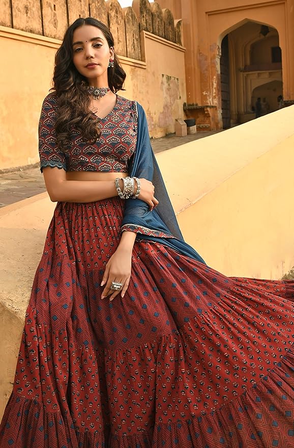 Janasya Women's Cotton Block Print Lehenga Choli With Dupatta