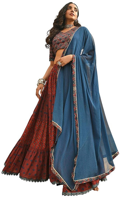 Janasya Women's Cotton Block Print Lehenga Choli With Dupatta