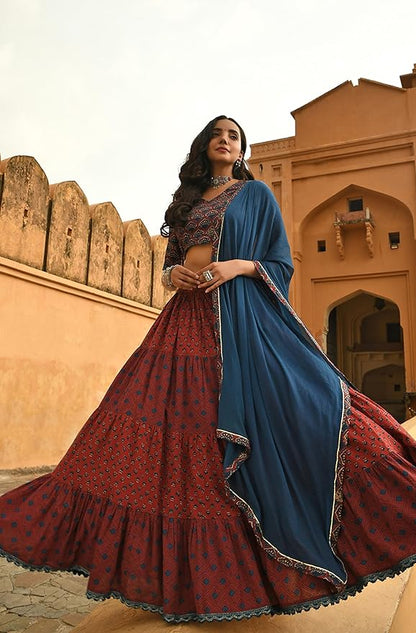 Janasya Women's Cotton Block Print Lehenga Choli With Dupatta