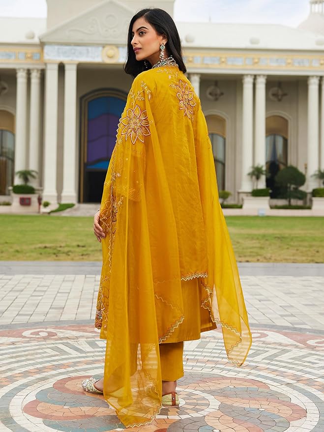 INDO ERA Women's Silk Blend Embroidered Straight Kurta Pant with Dupatta (Ieout6967)