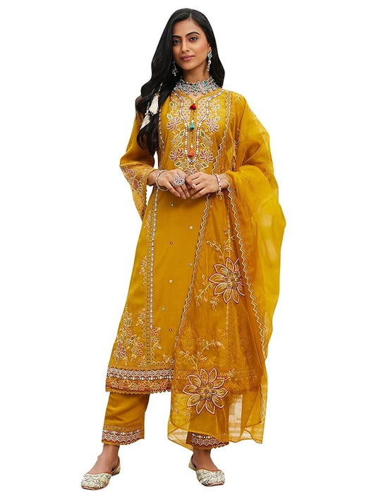 INDO ERA Women's Silk Blend Embroidered Straight Kurta Pant with Dupatta (Ieout6967)