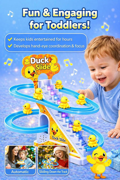 TEC TAVAKKAL Duck Slide Toy Set, Funny Automatic Stair-Climbing Ducklings Cartoon Race Track Set Duck Roller Coaster Escalator Toy with Flashing Lights & Music (Duck Slide Track Set)