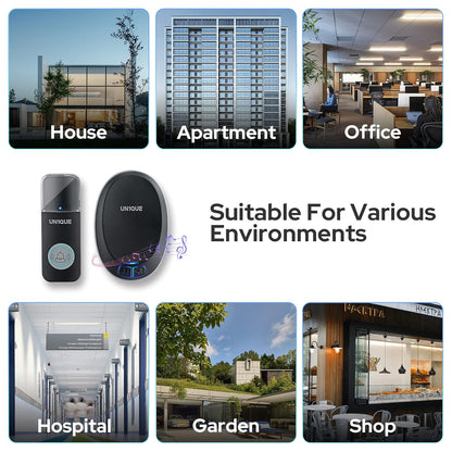 UN1QUE Wireless Door Bell for Home - Small Calling Bell for Office, 1000ft Long Range with 36 Chimes, 100dB Louder Volume, 4 Level Volume, LED Light, Info Board Design, IP44 Waterproof