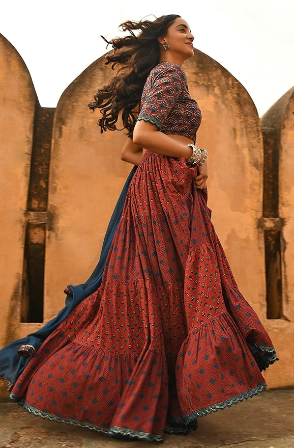 Janasya Women's Cotton Block Print Lehenga Choli With Dupatta