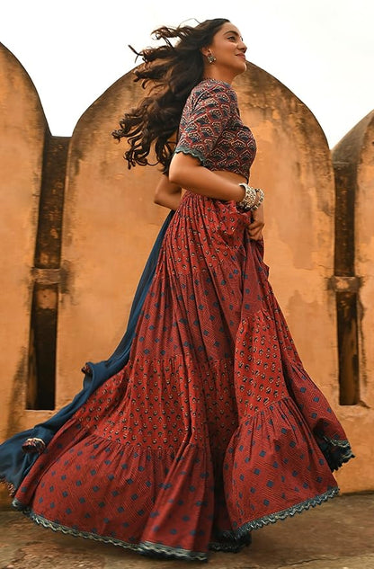 Janasya Women's Cotton Block Print Lehenga Choli With Dupatta