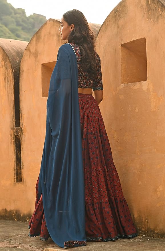 Janasya Women's Cotton Block Print Lehenga Choli With Dupatta