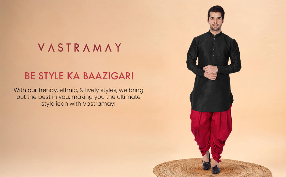 VASTRAMAY Men's Burgandy Silk Blend Only Kurta